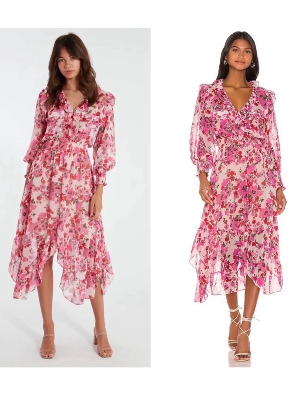 MISA Samantha Dress Flowy Floral Midi Ruffle Long Sleeve V Neck US L - Picture 15 of 15